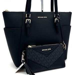 Michael Kors Large Charlotte Tote Bag & Large Double Zip Wallet Black (NWT)